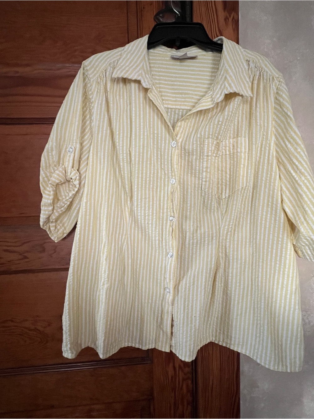 Woman Within Pale Yellow Striped Button-Front Shirt